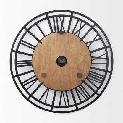 Lewiston 30.1L x 2.0W x 30.1H Black Iron W/Wood Round Wall Clock