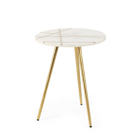Vivienne 16.0L x 16.0W x 19.0H White Marble W/Antique Gold Metal Round Small Side Table