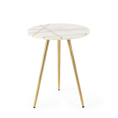 Vivienne 16.0L x 16.0W x 19.0H White Marble W/Antique Gold Metal Round Small Side Table