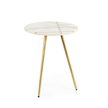 Vivienne 16.0L x 16.0W x 19.0H White Marble W/Antique Gold Metal Round Small Side Table