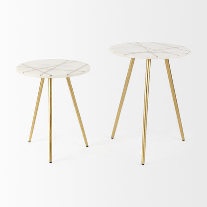 Vivienne 16.0L x 16.0W x 19.0H White Marble W/Antique Gold Metal Round Small Side Table