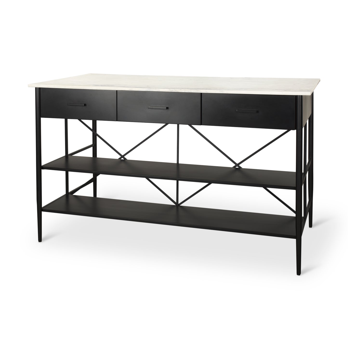 Amika White Marble Top Black Metal Base Kitchen Island