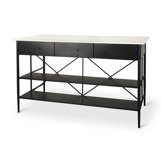 Amika White Marble Top Black Metal Base Kitchen Island