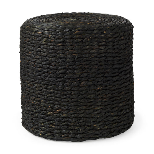 Dina 17.7L x 17.7W x 17.7H Black Cornhusk and Water Hyacinth Round Pouf