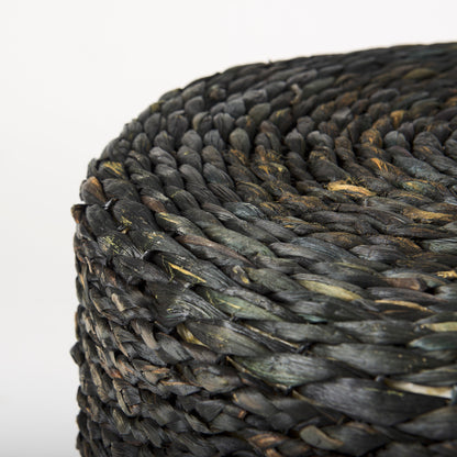 Dina 17.7L x 17.7W x 17.7H Black Cornhusk and Water Hyacinth Round Pouf
