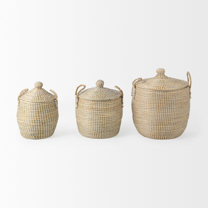 Olivia 15.7L x 15.7W x 17.3H Set of 3 Beige Seagrass Basket W/Lid and Handles