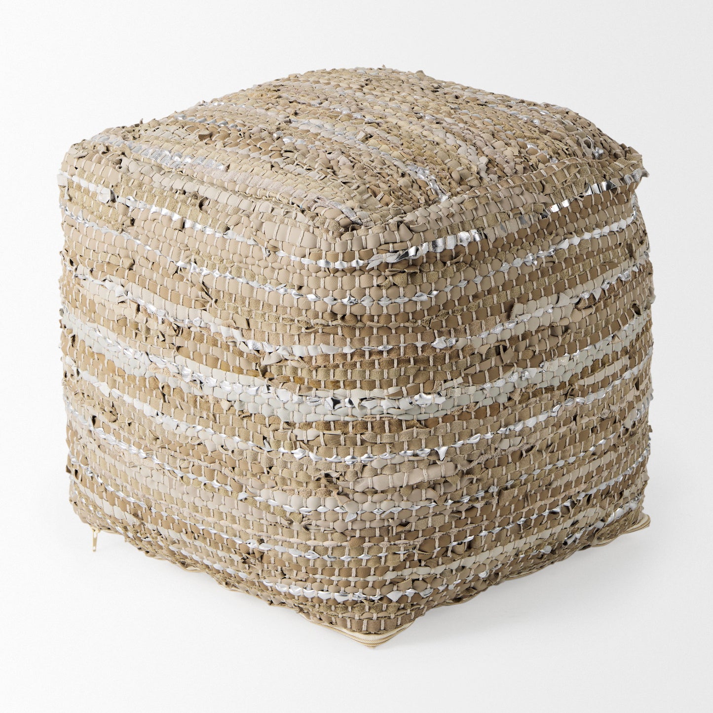 Aadhya 16.0L x 16.0W x 16.0H Taupe/Silver Leather and Cotton Pouf