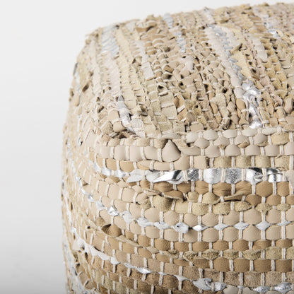 Aadhya 16.0L x 16.0W x 16.0H Taupe/Silver Leather and Cotton Pouf