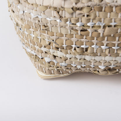 Aadhya 16.0L x 16.0W x 16.0H Taupe/Silver Leather and Cotton Pouf