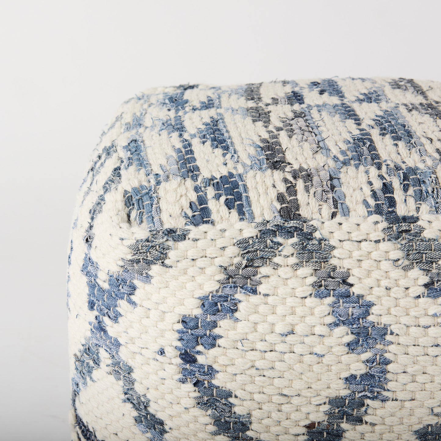 Eshana 16.0L x 16.0W x 16.0H Cream Wool and Denim Patterned Pouf