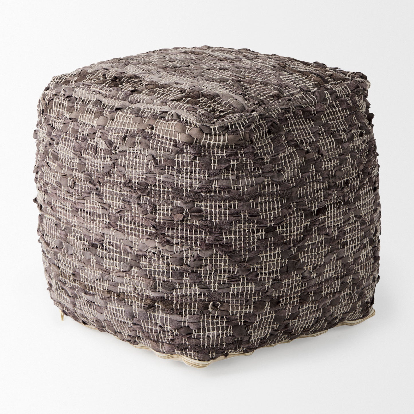 Falguni 16.0L x 16.0W x 16.0H Gray Leather and Cotton Patterned Pouf