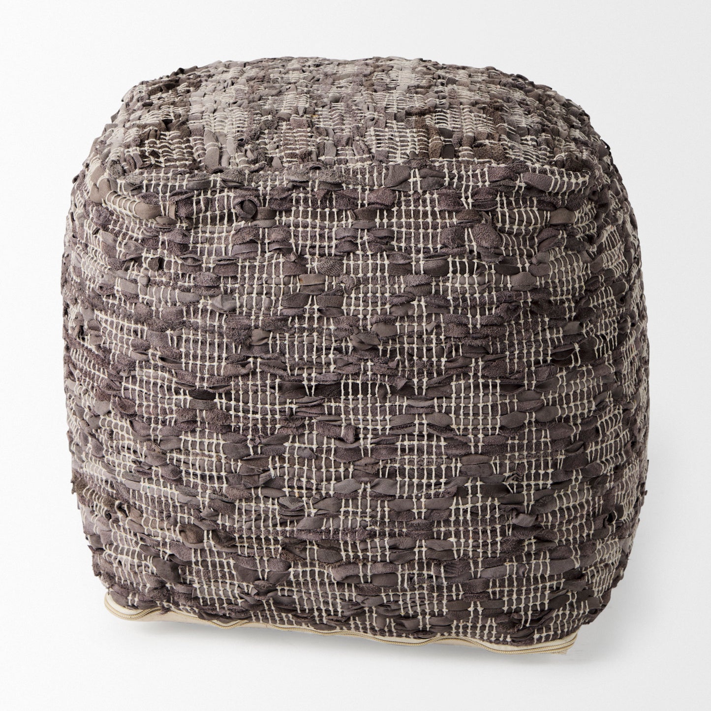 Falguni 16.0L x 16.0W x 16.0H Gray Leather and Cotton Patterned Pouf