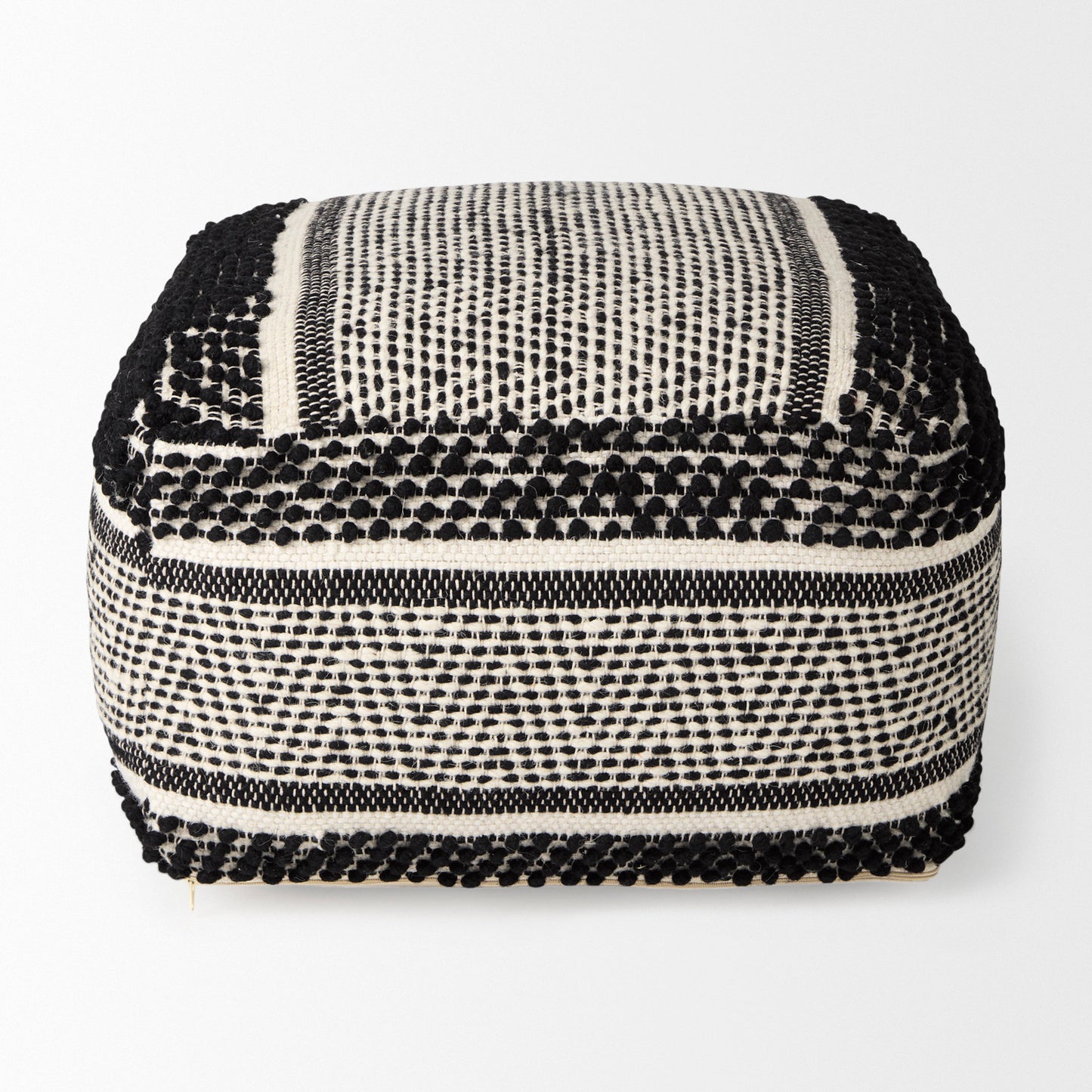Garima 22.0L x 22.0W x 14.0H Black/White Wool and Cotton Patterned Pouf