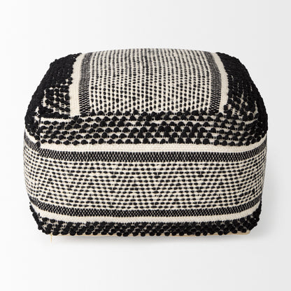 Garima 22.0L x 22.0W x 14.0H Black/White Wool and Cotton Patterned Pouf