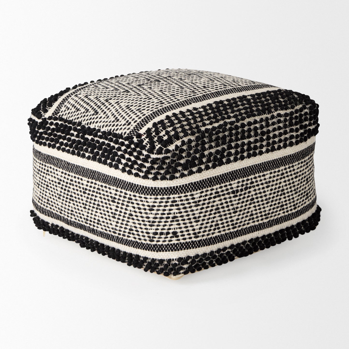 Garima 22.0L x 22.0W x 14.0H Black/White Wool and Cotton Patterned Pouf