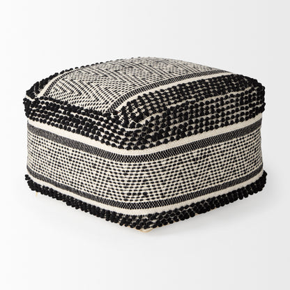 Garima 22.0L x 22.0W x 14.0H Black/White Wool and Cotton Patterned Pouf
