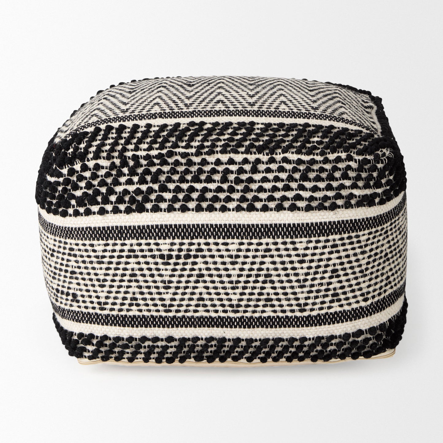 Garima 22.0L x 22.0W x 14.0H Black/White Wool and Cotton Patterned Pouf