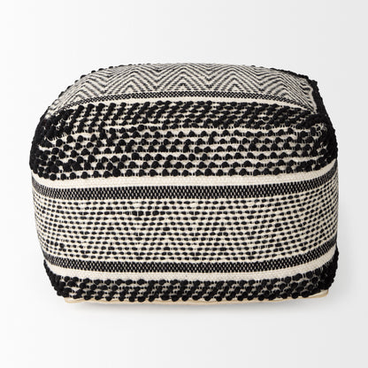 Garima 22.0L x 22.0W x 14.0H Black/White Wool and Cotton Patterned Pouf