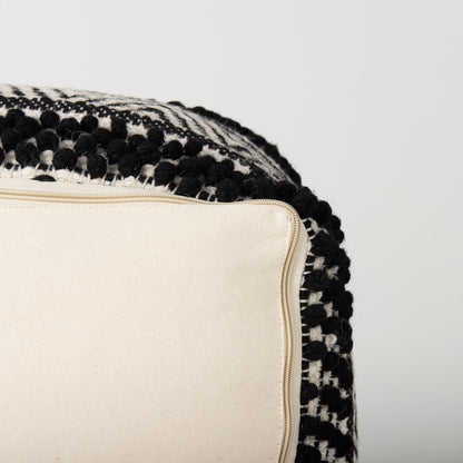Garima 22.0L x 22.0W x 14.0H Black/White Wool and Cotton Patterned Pouf