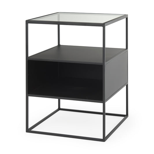 Samson 15.7L x 15.7W x 21.3H Side Table Matte Black Metal and Glass
