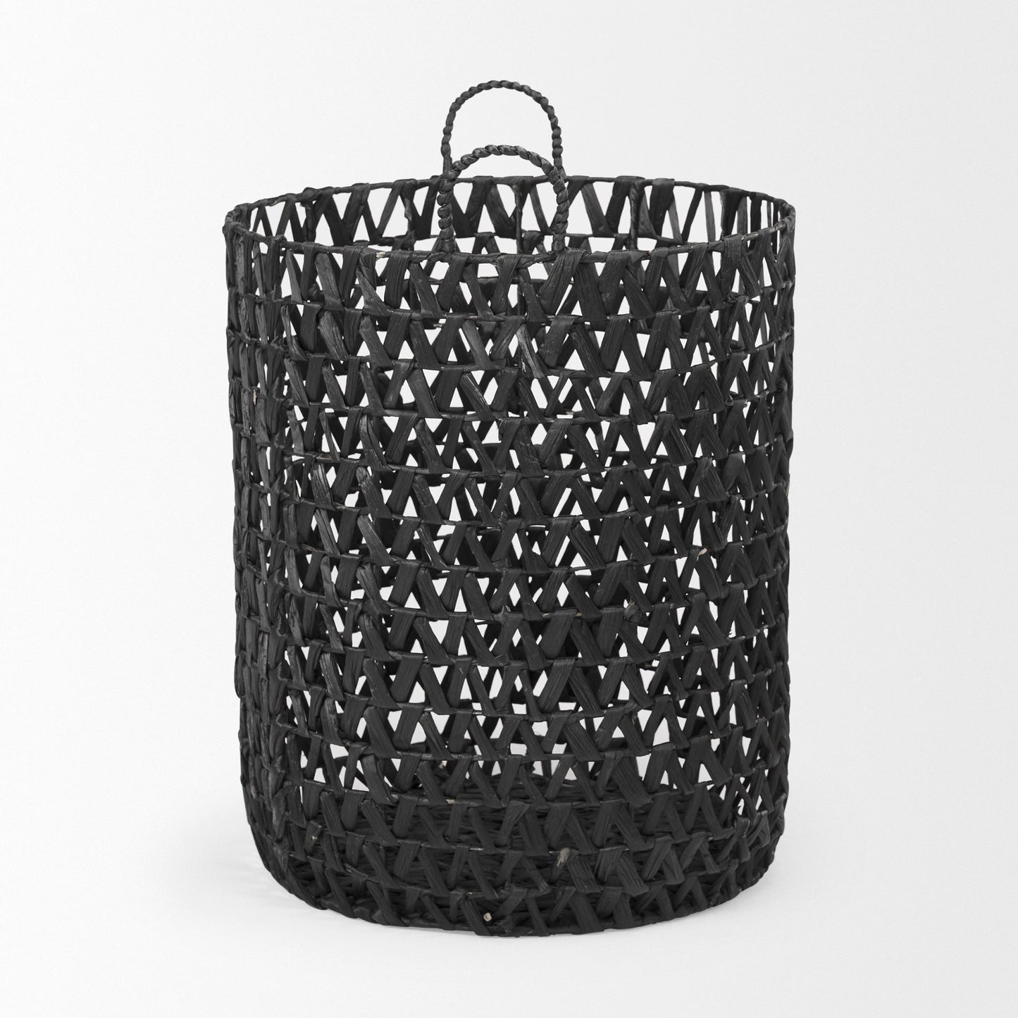 Lola 19.7L x 19.7W x 23.6 Set of 3 Black Water Hyacinth Zig Zag Weave Round Basket W/ Handles