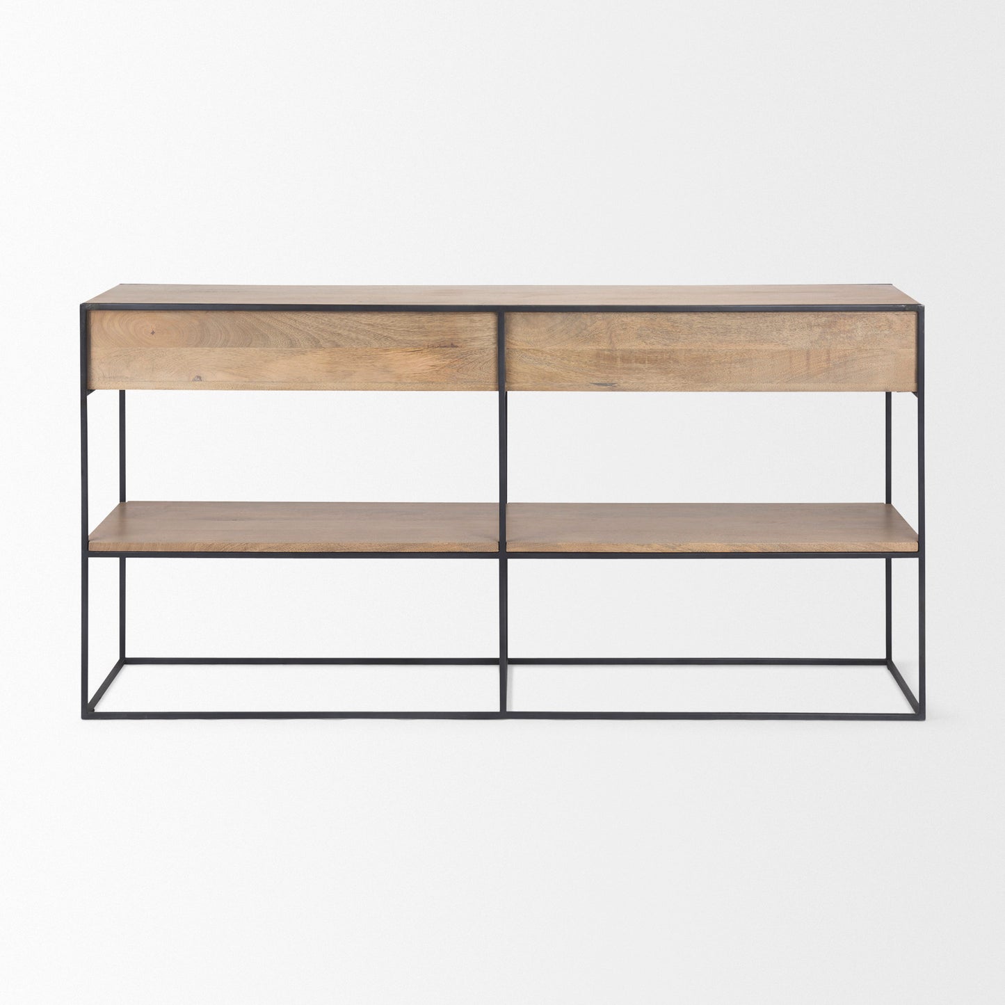 Morris 63.0L x 15.0W x 31.0H Beige Wood w/ Black Metal Frame 2 Drawer Console Table