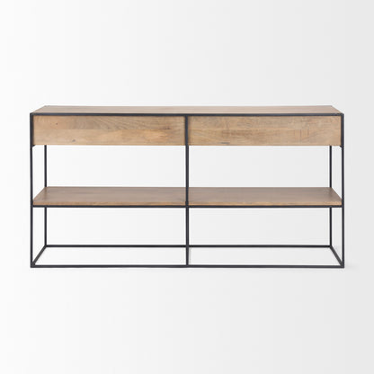 Morris 63.0L x 15.0W x 31.0H Beige Wood w/ Black Metal Frame 2 Drawer Console Table