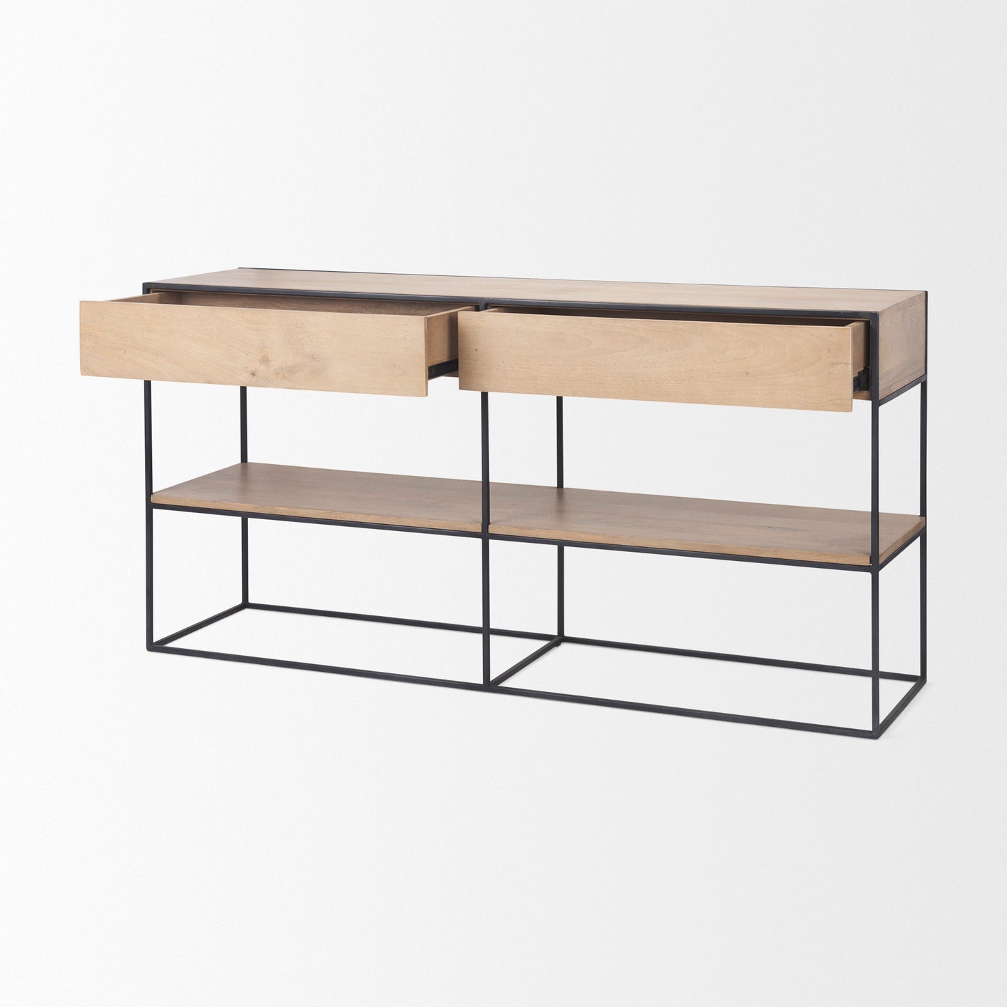 Morris 63.0L x 15.0W x 31.0H Beige Wood w/ Black Metal Frame 2 Drawer Console Table