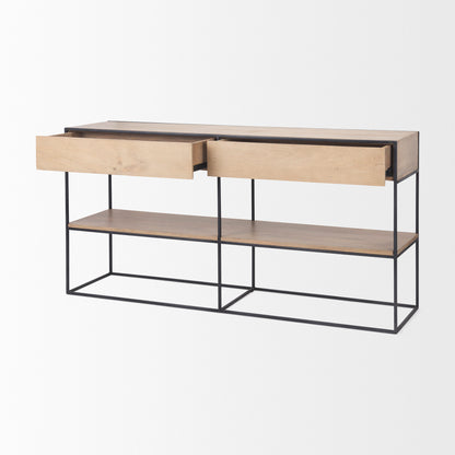Morris 63.0L x 15.0W x 31.0H Beige Wood w/ Black Metal Frame 2 Drawer Console Table