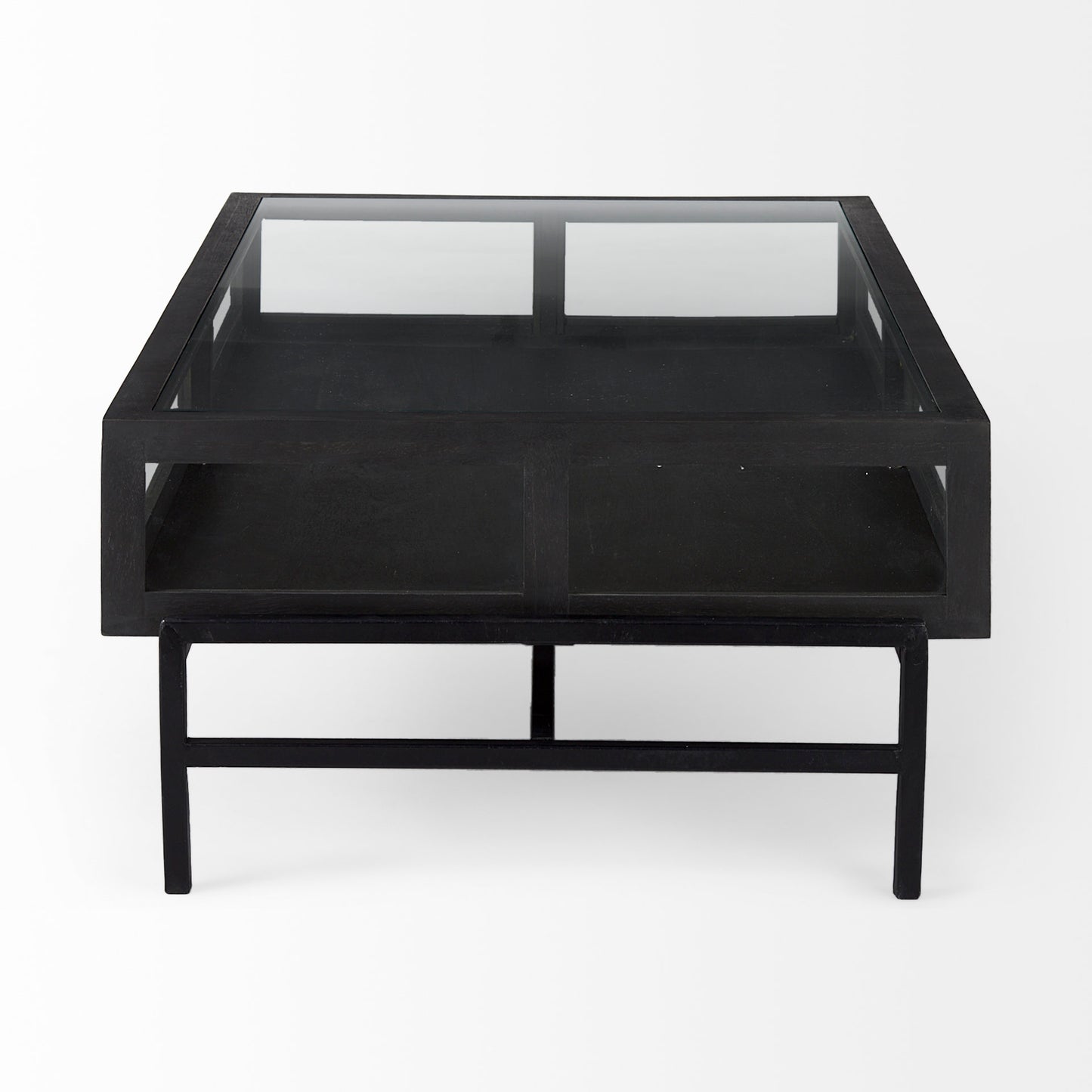 Arelius 42"L Rectangular Glass-Top Black-Brown Wood w/ Black Metal Base Display Coffee Table