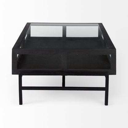 Arelius 42"L Rectangular Glass-Top Black-Brown Wood w/ Black Metal Base Display Coffee Table