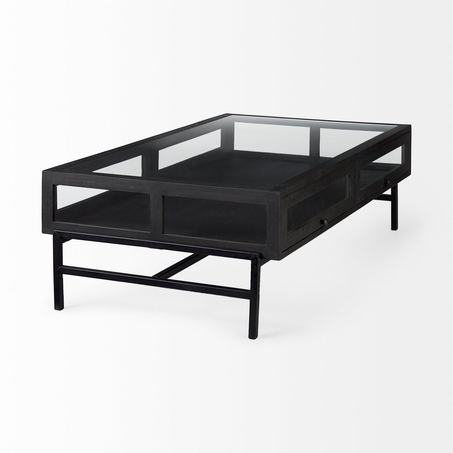 Arelius 42"L Rectangular Glass-Top Black-Brown Wood w/ Black Metal Base Display Coffee Table