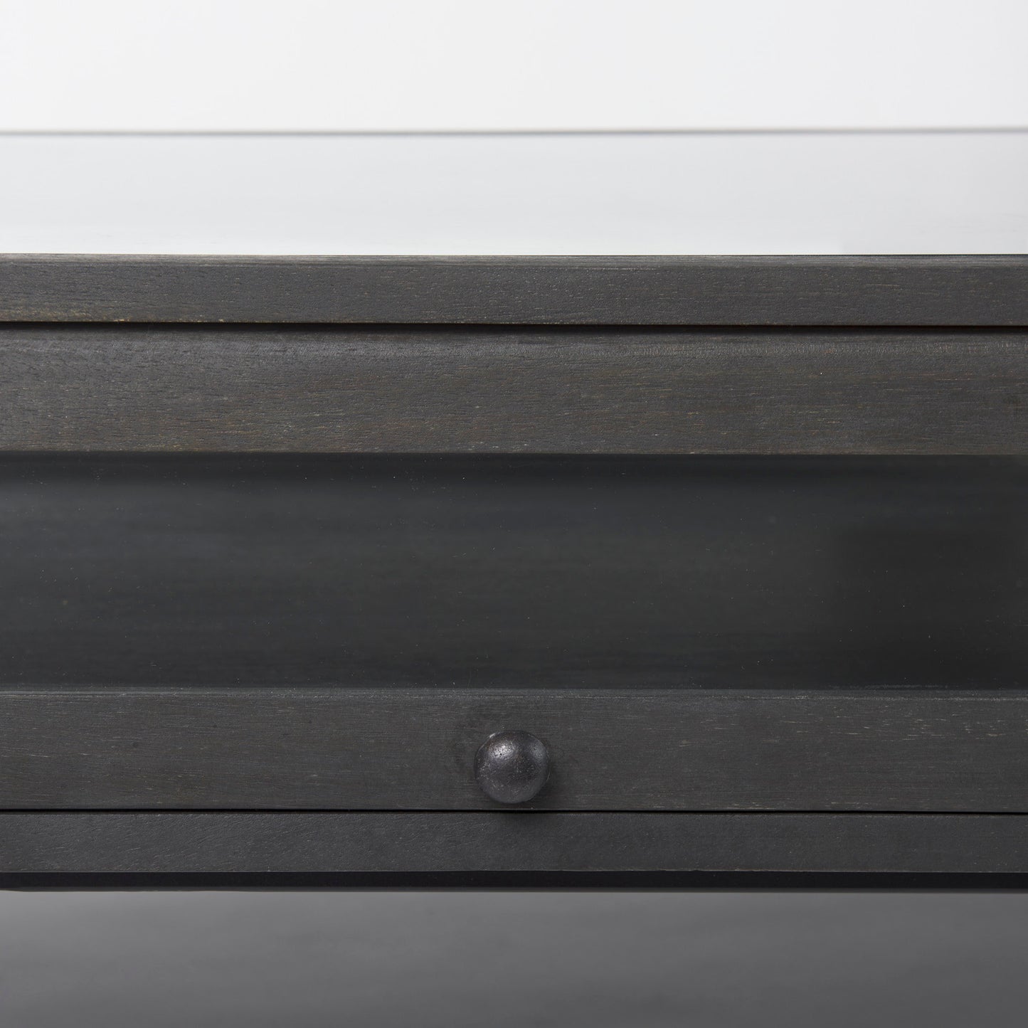 Arelius 42"L Rectangular Glass-Top Black-Brown Wood w/ Black Metal Base Display Coffee Table