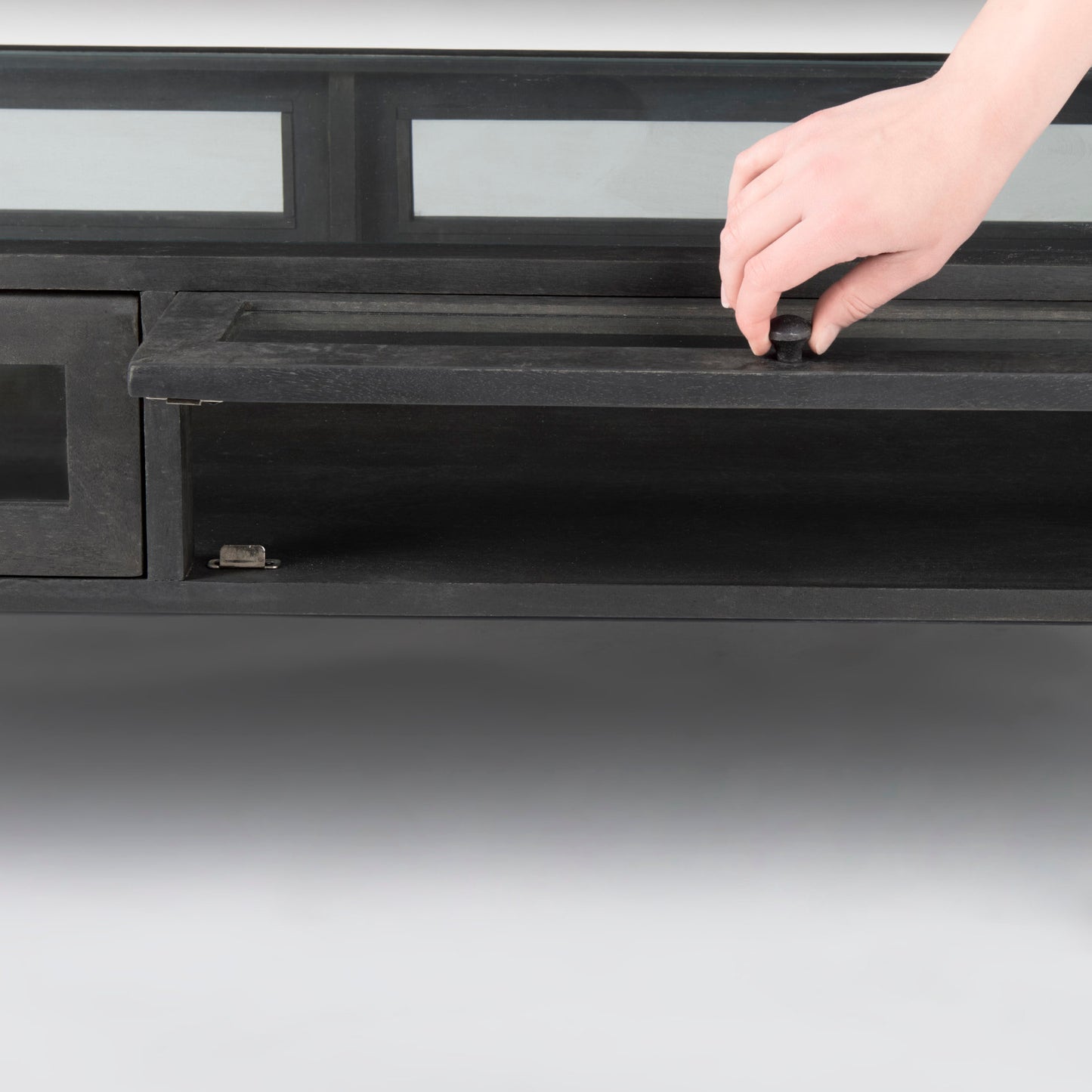 Arelius 42"L Rectangular Glass-Top Black-Brown Wood w/ Black Metal Base Display Coffee Table