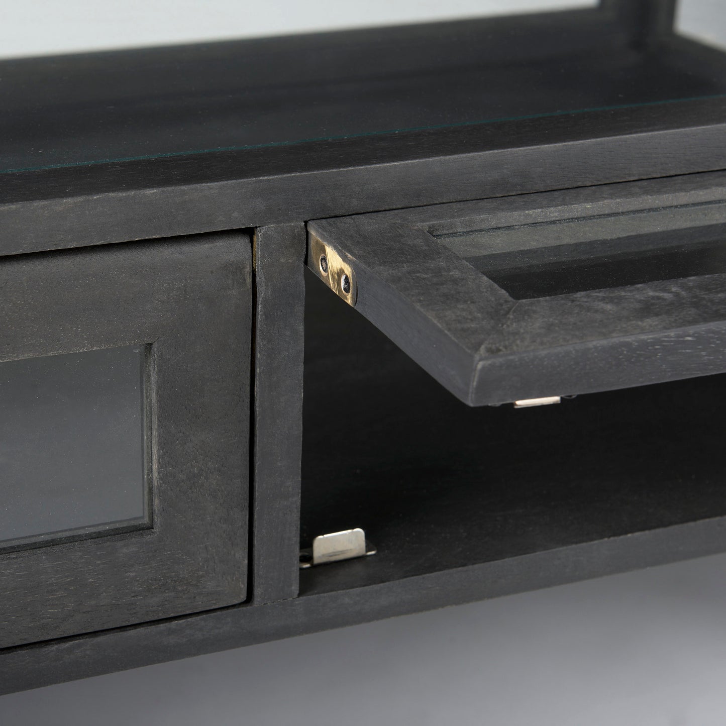 Arelius 42"L Rectangular Glass-Top Black-Brown Wood w/ Black Metal Base Display Coffee Table