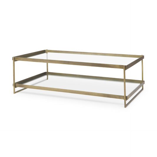 Trey 56.0L x 32.0W x 17.0H Gold Metal W/Glass Coffee table