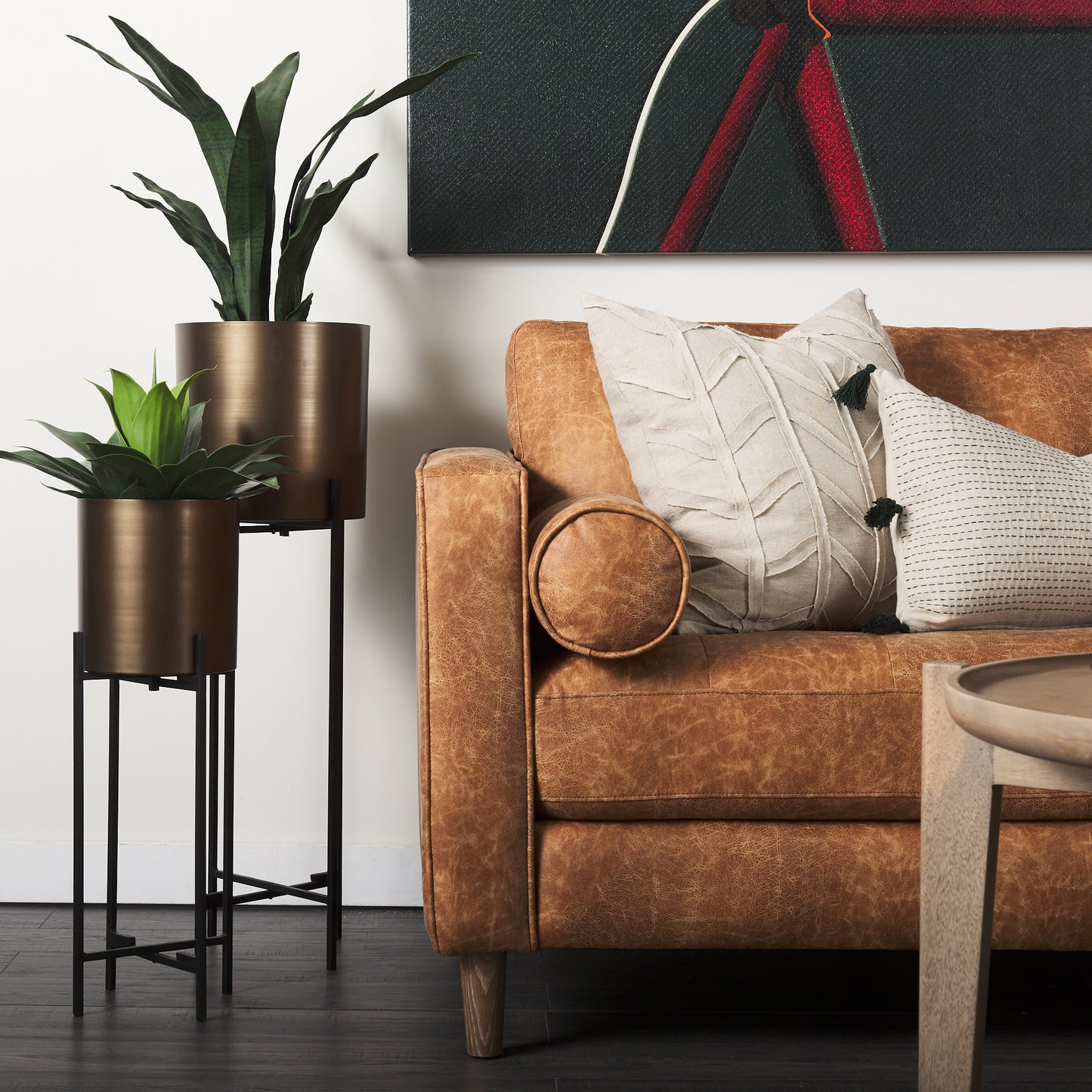 Loretta 88.0L x 36.2W x 33.9H Cognac Brown Faux Leather Three Seater Sofa with Two Bolster Cushions