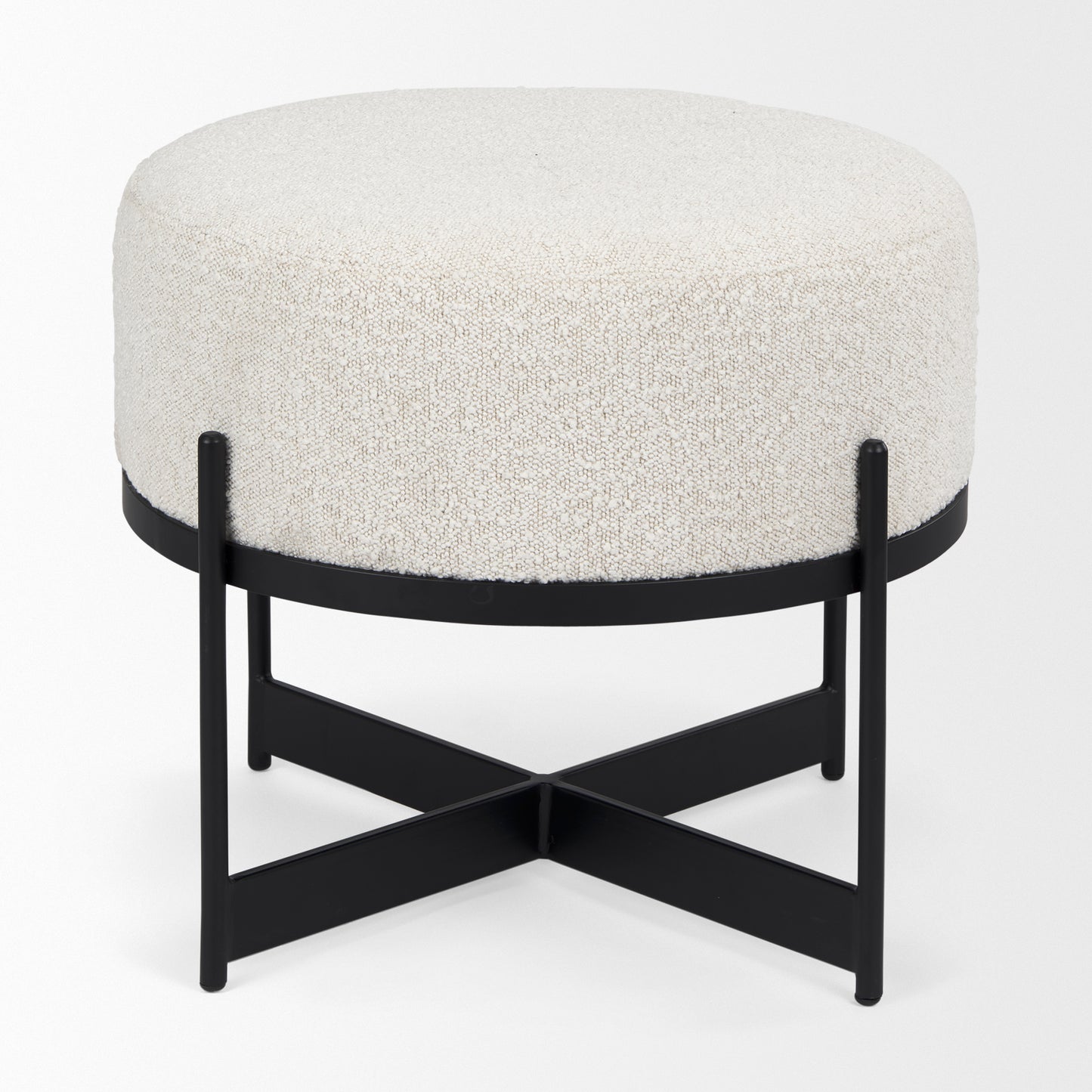 Amelia Cream Boucle W/Black Metal Upholstered Pouf