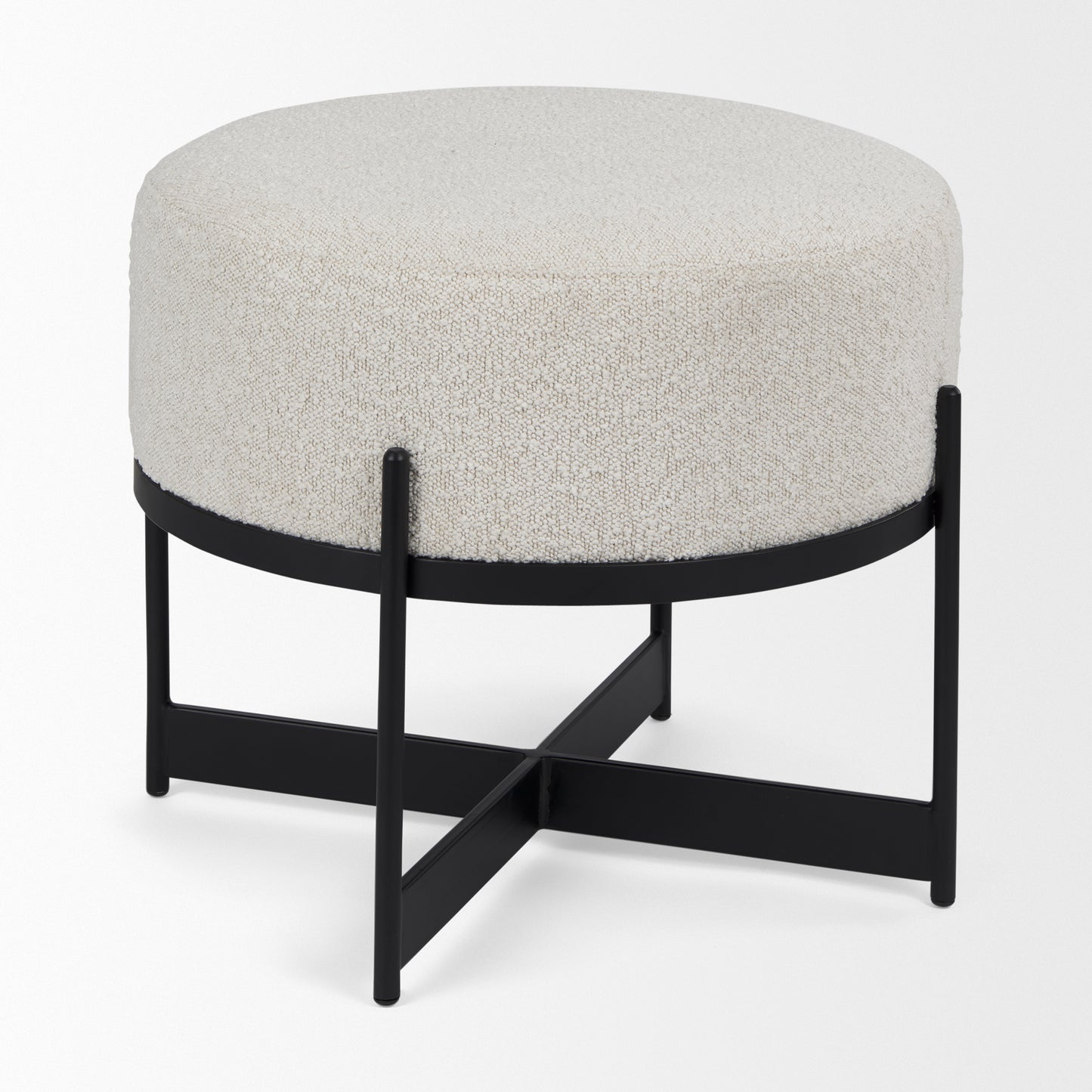 Amelia Cream Boucle W/Black Metal Upholstered Pouf