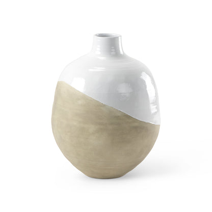 Amos 18.5L x 18.5W x 24.4H White and Dark Beige Color Blocked Ceramic Floor Vase