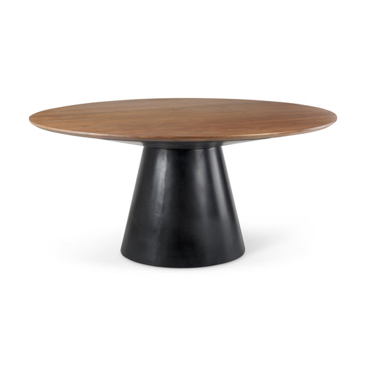 Mitchell Black Metal Pedestal Base with Brown Wood Top Dining Table 63.0L x 63.0W x 30.0H