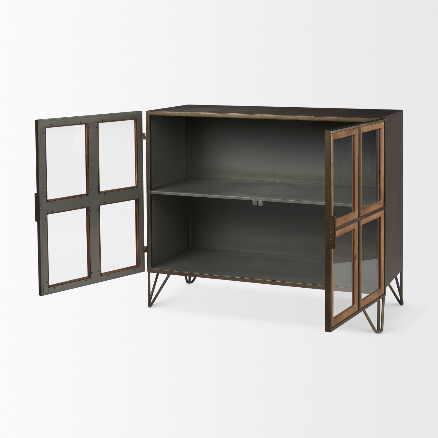 Pandora Dark Brass Metal W/Red Wood 2 Door Accent Cabinet