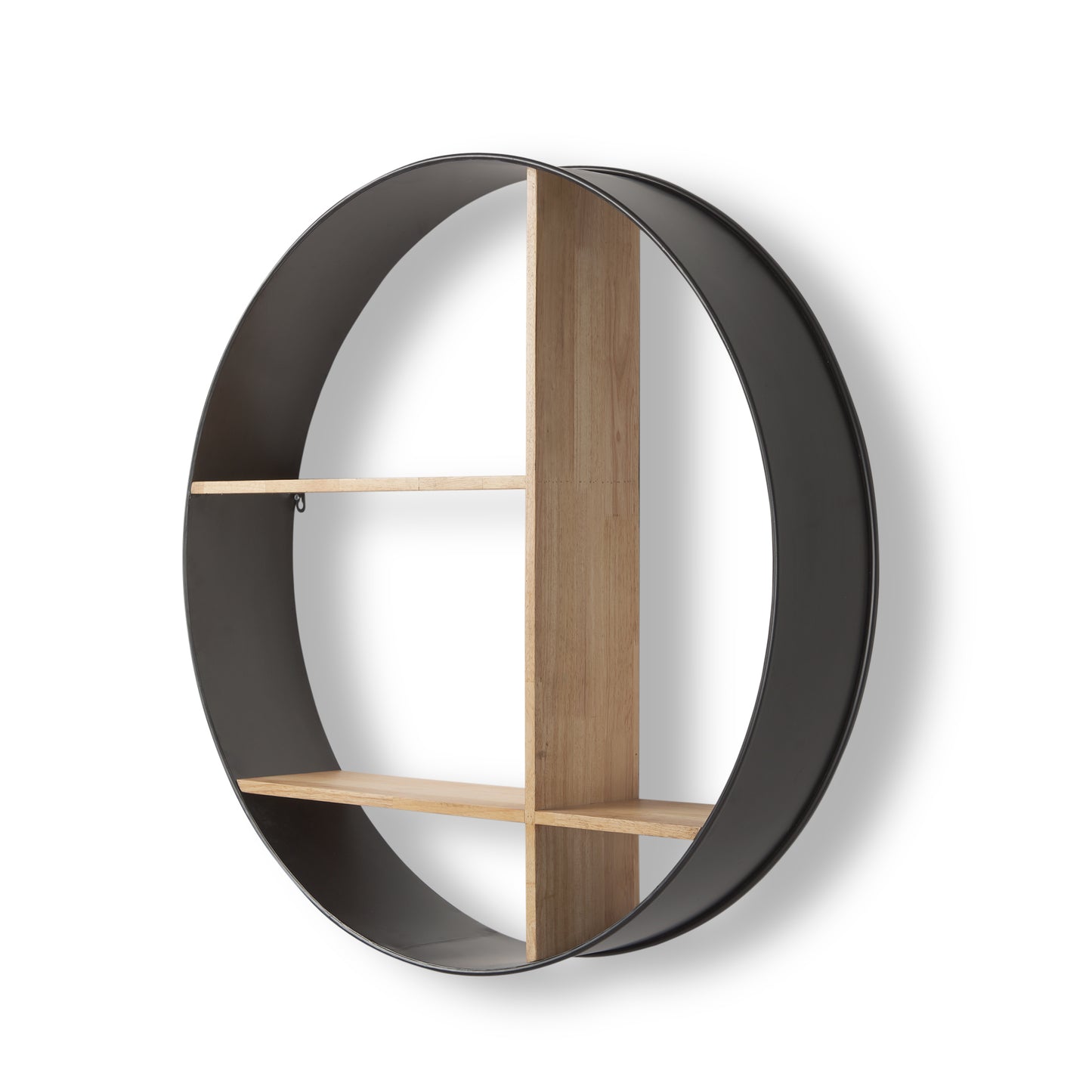 Hector 36.0L x 7.0W x 36.0H Brown Wood W/ Black Metal Round Wall Shelf