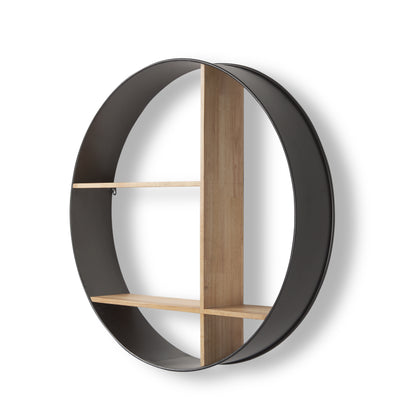 Hector 36.0L x 7.0W x 36.0H Brown Wood W/ Black Metal Round Wall Shelf
