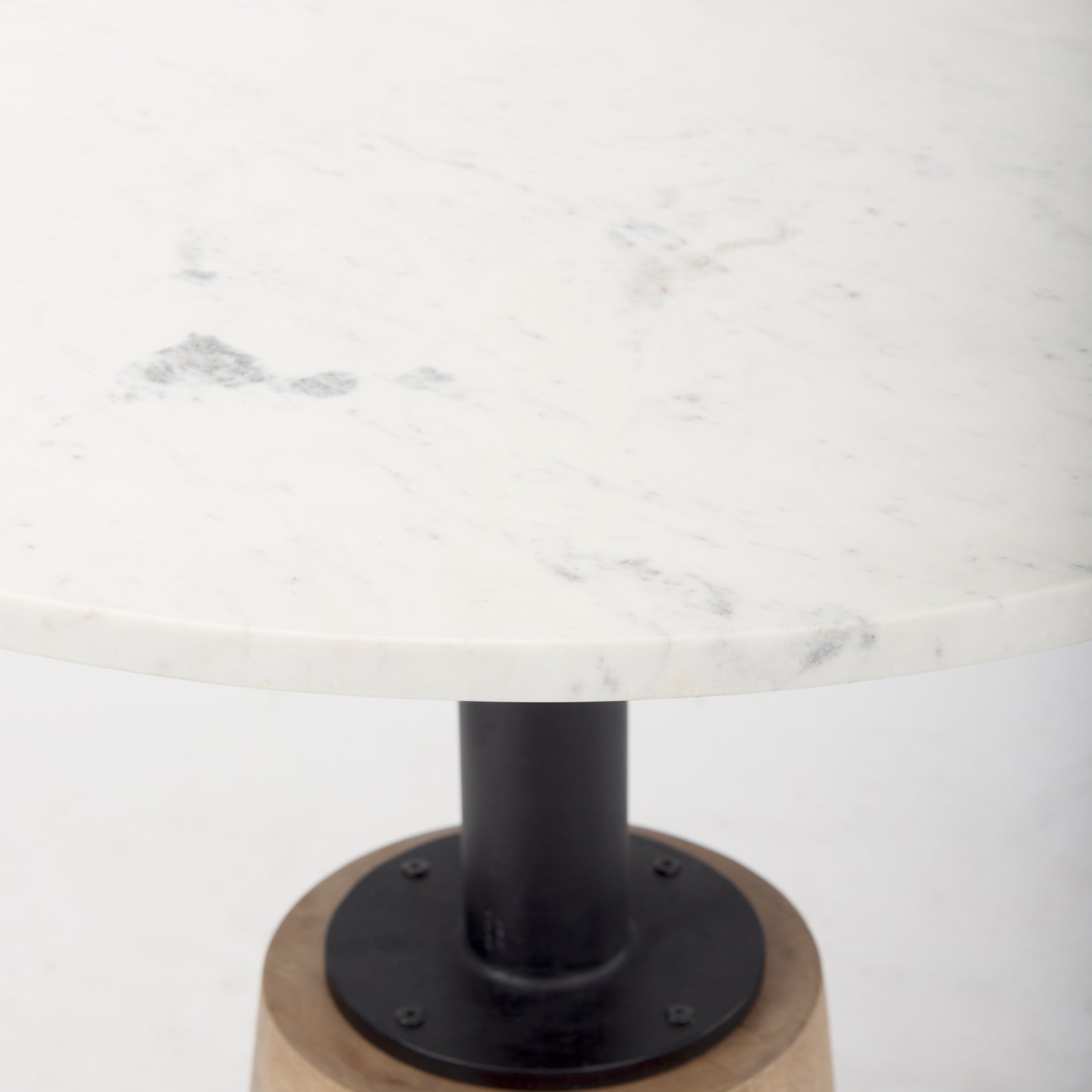Maxwell 32" Round White Marble Tabletop w/ Blonde Wood & Black Metal Accent Pedestal Bistro Table