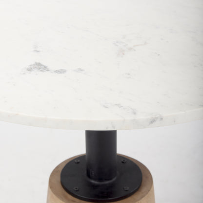 Maxwell 32" Round White Marble Tabletop w/ Blonde Wood & Black Metal Accent Pedestal Bistro Table