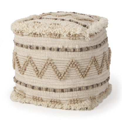 Caela Beige/Brown Wool, Cotton and Felt Popcorn Stitch Square Pouf