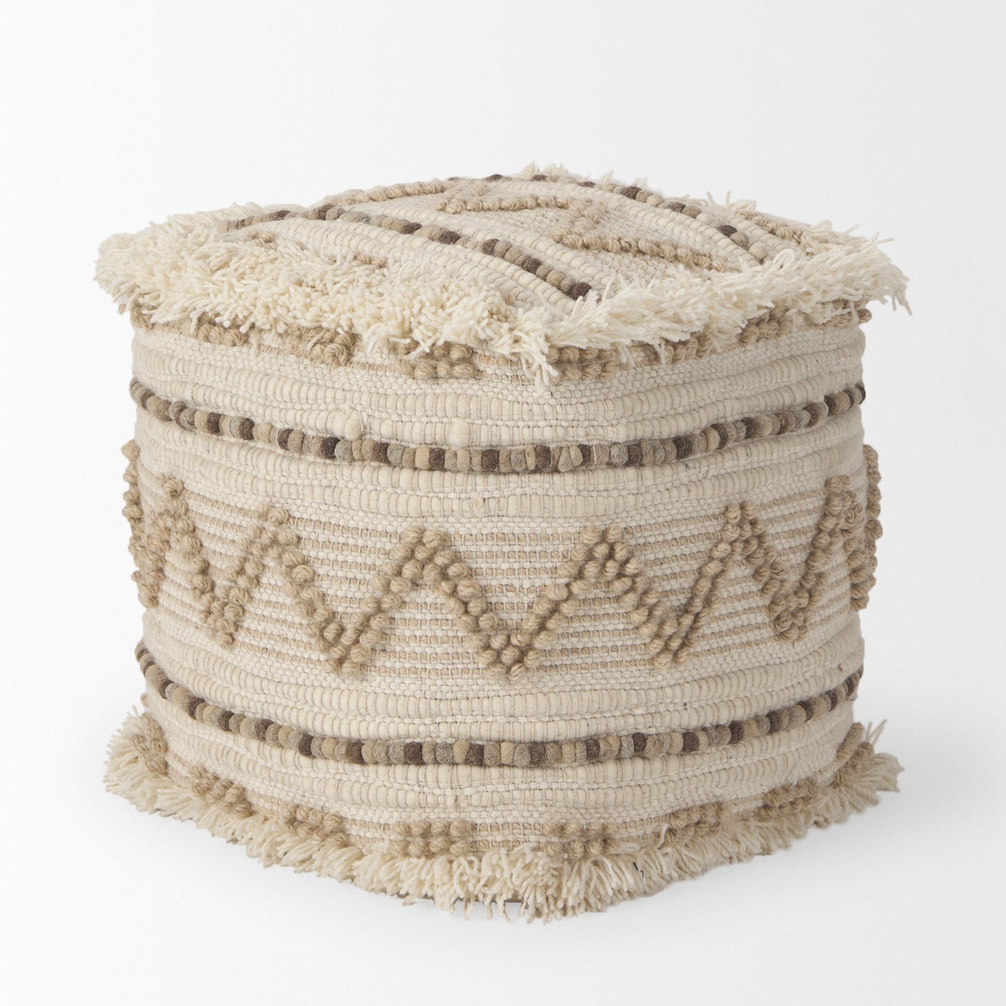 Caela Beige/Brown Wool, Cotton and Felt Popcorn Stitch Square Pouf