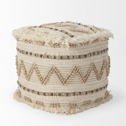 Caela Beige/Brown Wool, Cotton and Felt Popcorn Stitch Square Pouf