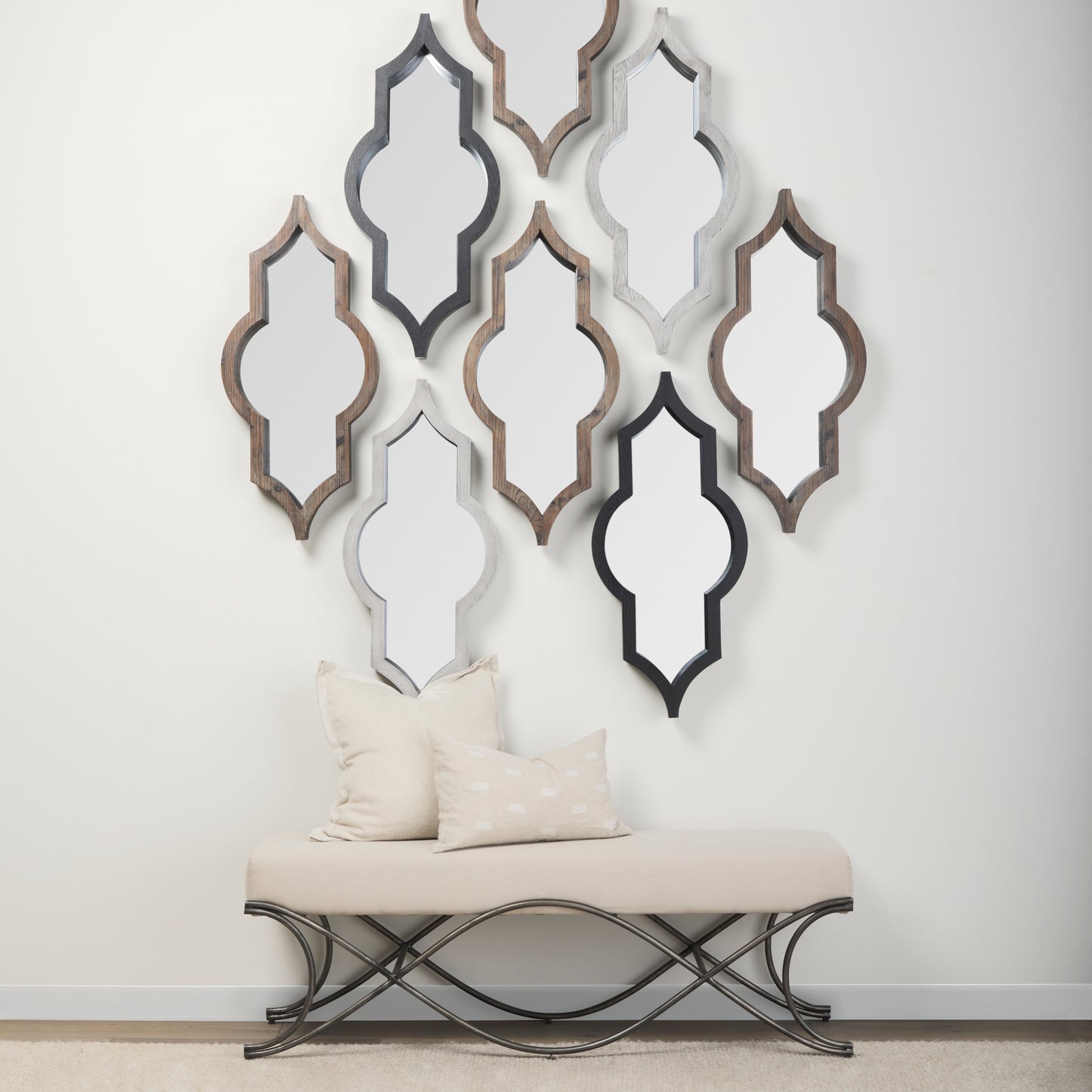 Ayla 55L x 17.6W x 18H Cream Fabric Seat W/ Antique Nickel Frame Bench